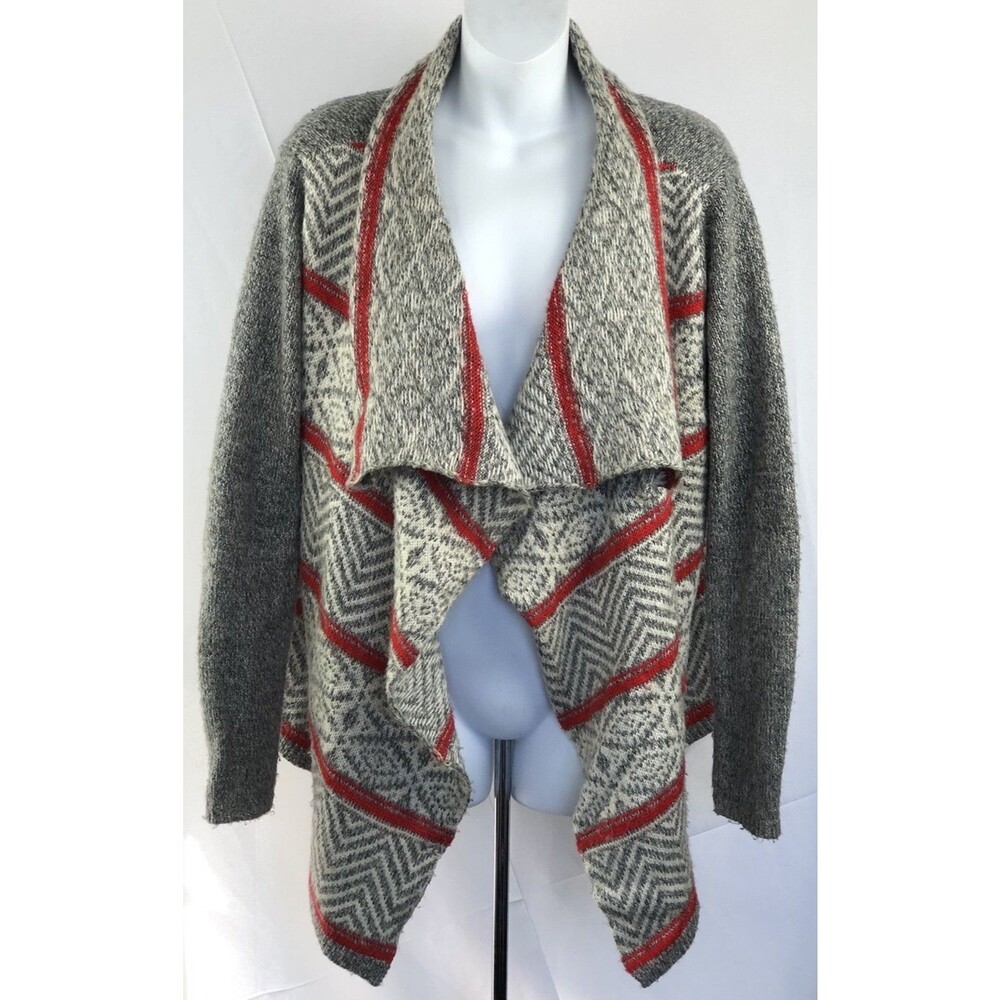 Western Waterfall Cardigan Sweater M Gray/Red Soft Knit Boho Rockabilly Cabin